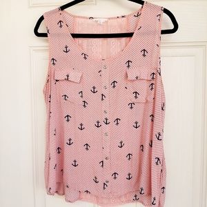 Mine Too salmon pink polka dot top with navy anchors